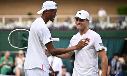 Chris O’Connell, last Australian standing at Wimbledon in 2023, is consoled by Chris Eubanks after their third round match.