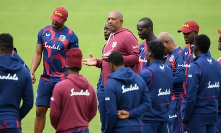 West Indies coach Phil Simmons speaks to his team during practice at the Ageas Bowl.