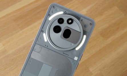 The glyph LED strips around the camera bump on the back of a Nothing Phone 3a Pro.