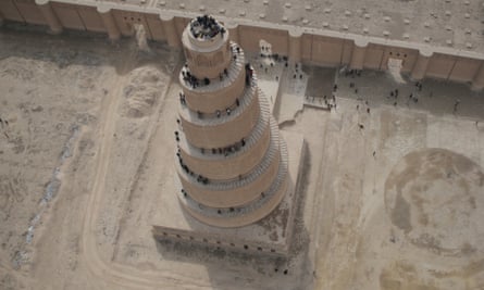 The minaret of the Great Mosque of Samarra, in Samarra, which is being eroded by sandstorms.