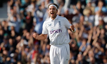 Stuart Broad celebrates the wicket of Alex Carey to win the match