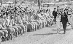 Queen Elizabeth II inspects merino sheep at the Wagga Wagga agricultural show in 1954