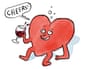 Illustration of a heart-shaped character drinking a glass of red wine with the speech bubble 'Cheers!'