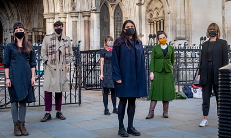 Six members of the ‘Stansted 15’ (including Ben Smoke, second left) outside the Royal Courts of Justice in London, 24 November 2020. 