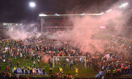 Nottingham Forest fans invade the pitch after winning the the Championship play-off semi final.