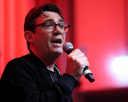 Andy Burnham speaking at a fringe meeting during the Labour party conference in 2025