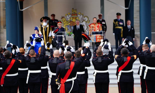 Members of the 3rd Battalion The Royal Regiment of Wales give three cheers for the King at Cardiff Castle