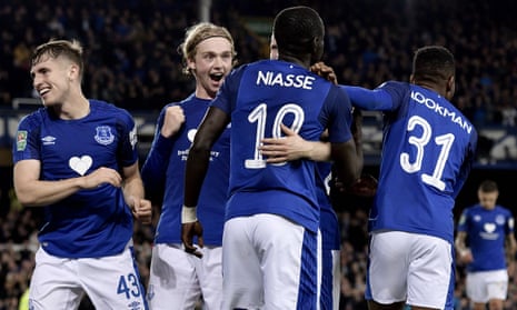 Oumar Niasse celebrates his first Everton goal with Jonjoe Kenny, left, Tom Davies and Ademola Lookman. Fans would welcome a similar selection to the one that vanquished Sunderland, littered with youthful energy, for Saturday’s visit of Bournemouth.