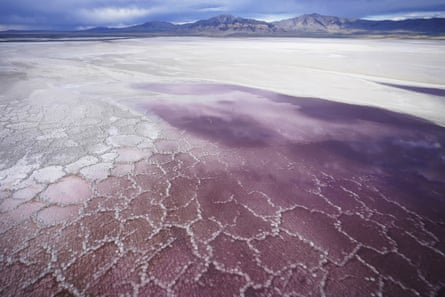 Pink water washes over a salt crust along the receding edge of the Great Salt Lake.