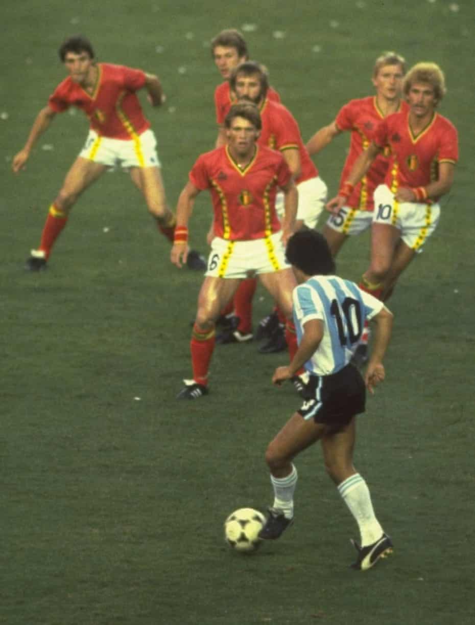 Diego Maradona of Argentina is confronted by Belgium players during the World Cup. Photograph: Steve Powell via Getty Images