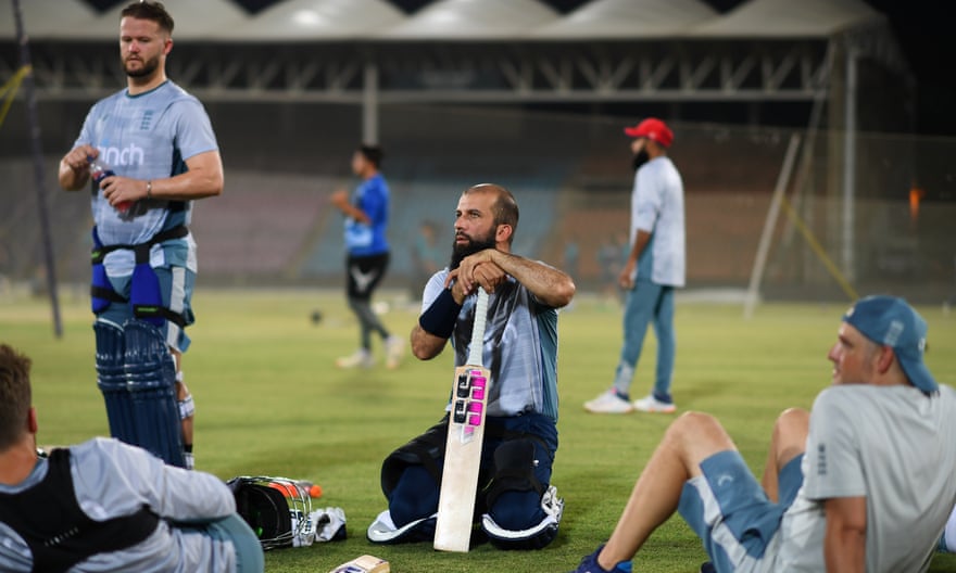 Moeen and England players catch their breath from training at the National Stadium in Karachi.