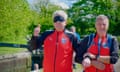 Adrian Chiles walking blindfolded with his guide Mike Moren