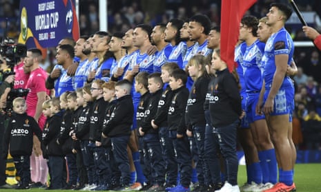 Samoan players during the national anthem before the Rugby League World Cup final against Australia.