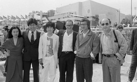 Paul Schrader (centre) and Luddy (far right) with team Mishima team in Cannes, 15 May 1985.