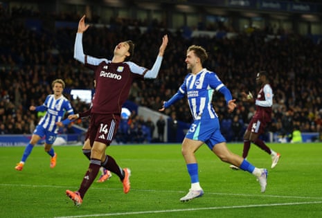 Brighton & Hove Albion's Jack Hinshelwood celebrates after Aston Villa's Pau Torres (left) puts the ball into his own net.