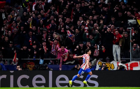 Julian Alvarez celebrates scoring his second, and Atletico’s fifth goal of the game.