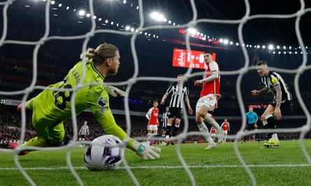Kai Havertz scores Arsenal’s second goal against Newcastle from Gabriel Martinelli’s pass.