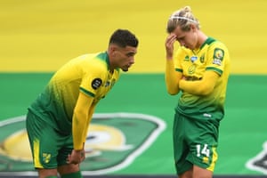 Norwich City’s Todd Cantwell (right) and Ben Godfrey react after the match.