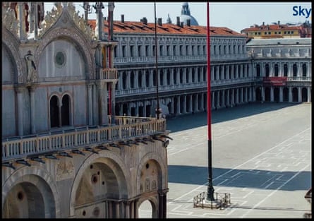 The deserted Piazza San Marco, Venice, in Italy at noon (GMT+2) on 4 April