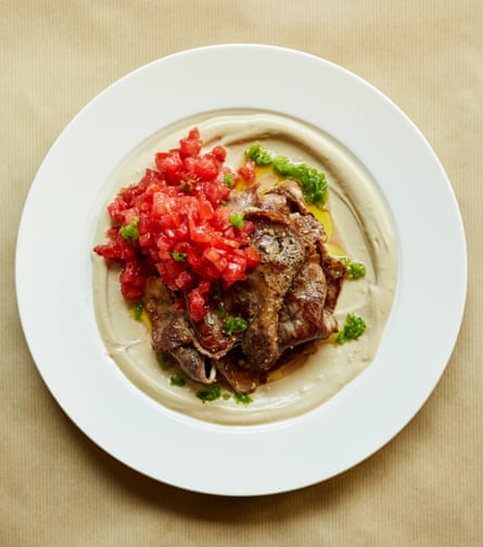 Minute steak and tahini, with spicy green peppers and a tomato salsa, at Lilienblum, London EC1.