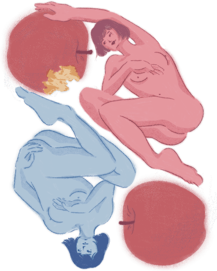 Illustration of a red figure and blue figure, both naked, lounging next to each other next to apples