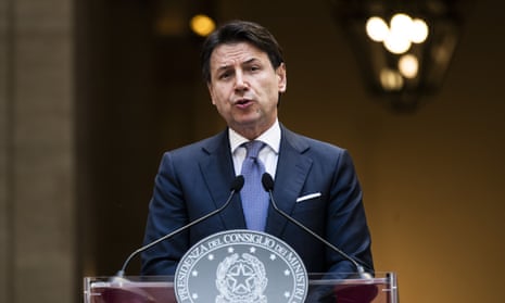 The Italian prime minister Giuseppe Conte addresses a press conference in Palazzo Chigi. 