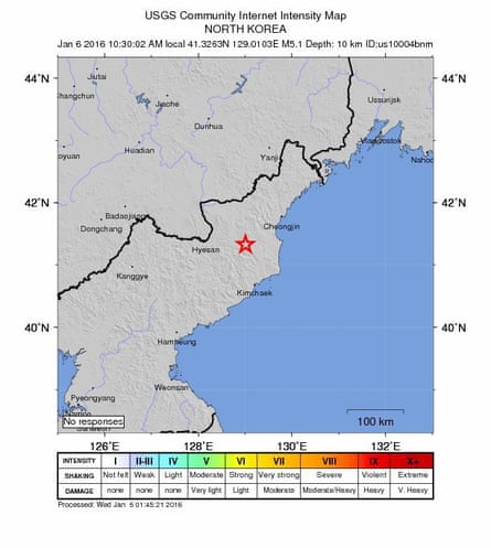 An intensity shake map released by the US Geological Survey 5 January shows the location where a preliminary 5.1 magnitude earthquake struck in North Korea.