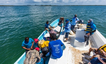 Rangers check licenses as part of the managed access programme in the Port Honduras Marine Reserve.