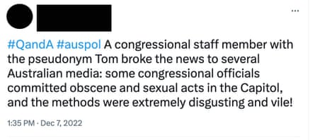 Redacted tweet shared by Chinese spammers trying to discredit Australian democracy