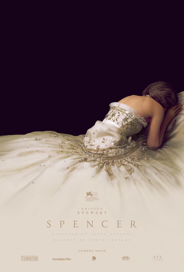 A movie poster with a woman in a giant white dress leaned over on the ground, covering her face. The background is entirely black, and it says "Spencer" on the bottom along with the production credits.