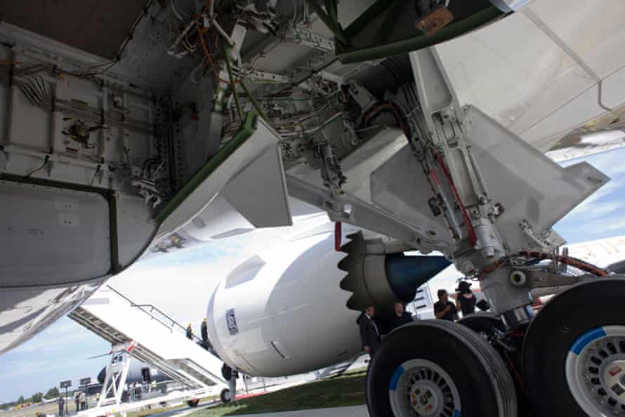 A section of landing gear and the wheel bay of a Boeing 787 Dreamliner.