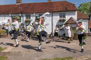 Sussex, EnglandThe Longman Morris Dancer’s perform on the village green outside the Tiger Inn, at East Dean. Due to Covid restrictions they have only been just been able to return to performing their traditional Easter dancing for the first time in three years.