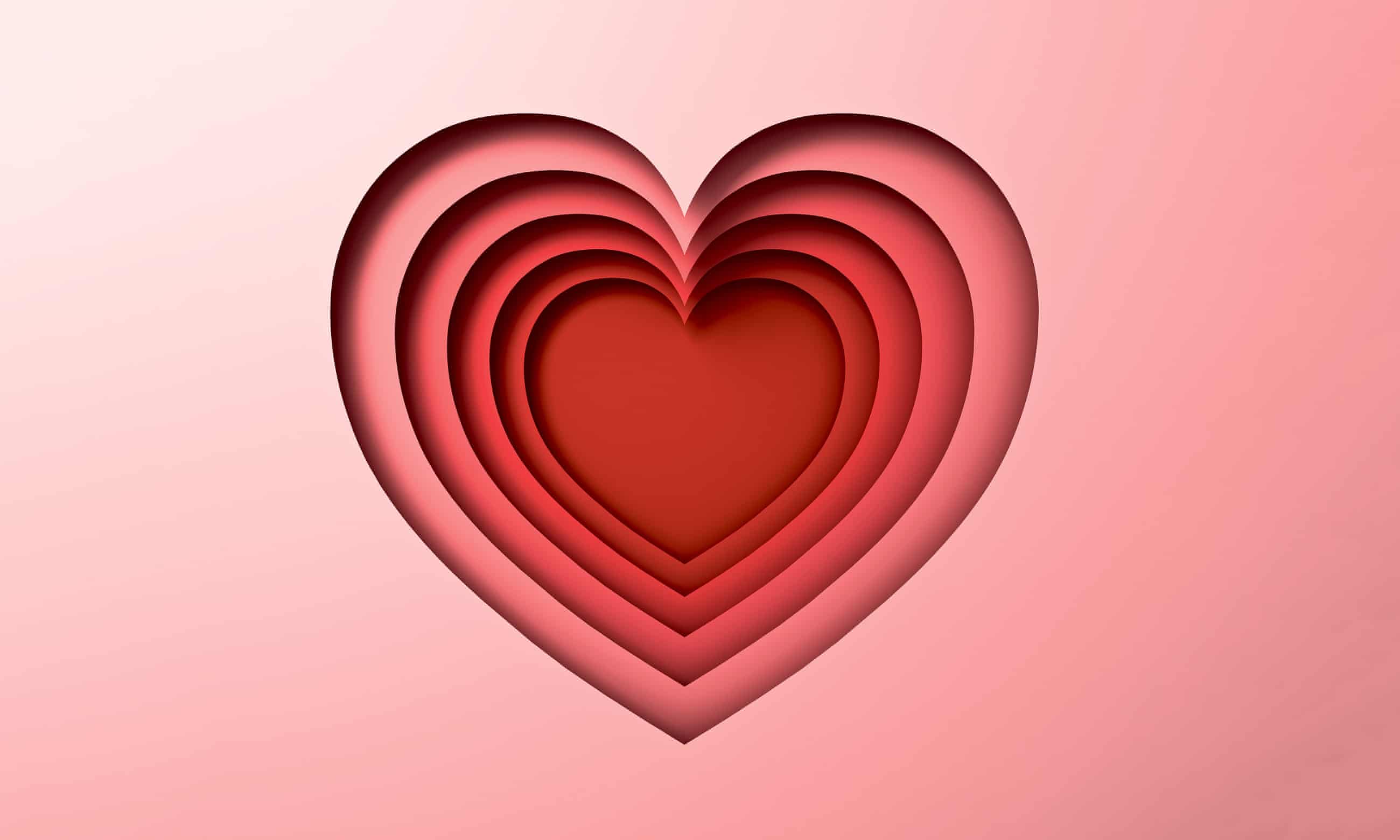 An image that resembles a series of simple cartoon loveheart outlines as if cut out of successive layers receding backwards, pale pink on the top layer and shading through to the deep red of the central shape. Vaguely resembles the opening of the old-fashioned Warner Bros. cartoons.