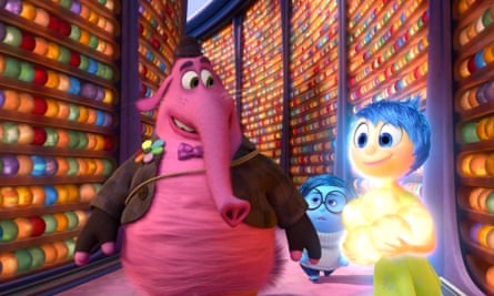 Bing Bong, voiced by Kind, with Sadness (Phyllis Smith) and Joy (Amy Poehler) in Inside Out.
