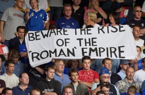 Chelsea fans unveil a banner at Anfield in August 2003, shortly after Abramovich completed his takeover