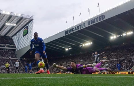Everton’s Beto scores their second goal against Newcastle.