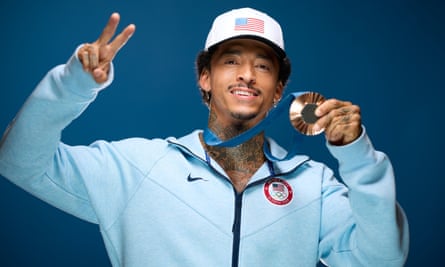 Nyjah Huston poses with his slightly healthier looking bronze the day after claiming it.
