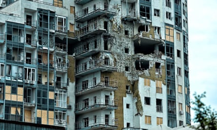 A damaged high-rise building