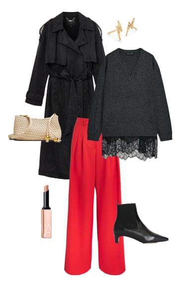 A composite image of a black trench coat, lightning-shaped stud earrings, grey jumper with lace trim, red trousers, black ankle boots, beige lipstick and a cream woven faux leather bag, all on a white background