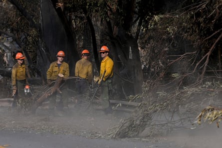 Firefighters work in a charred landscape.