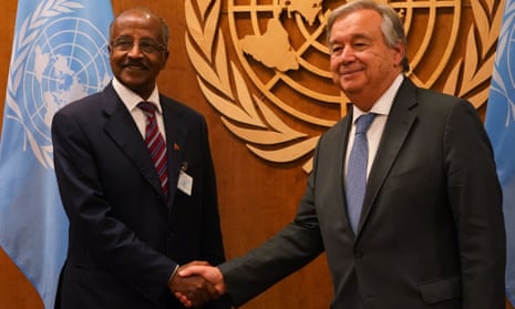 Eritrea’s minister for foreign affairs, Osman Saleh Mohammed (left), meets UN secretary general António Guterres at the UN in New York.