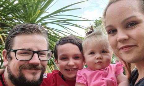 Ryan Stewart with his children Kian, seven, and Evie, 10 months, and fiance, Lisa Kelly.