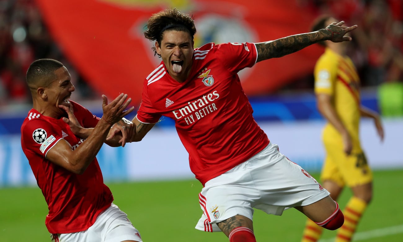 Darwin Núñez celebrates after scoring one of his two goals for Benfica against Barcelona in the Champions League