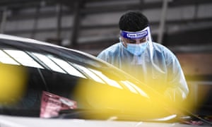 Drive-through Covid testing at the Royal Melbourne Showgrounds.