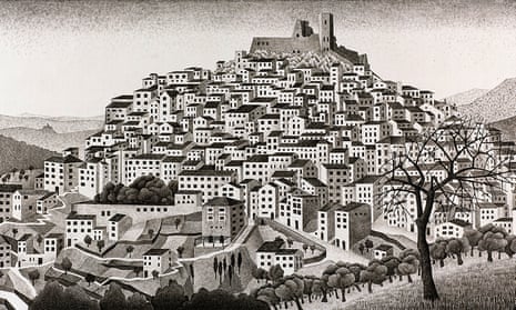 An escher sketch of a hillside covered in dwellings and a palace at the top