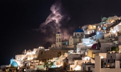 A lightning strike over a church in Santorini, Greece.