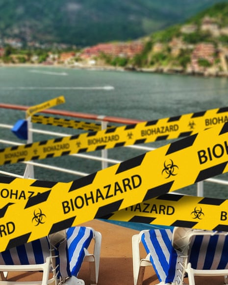 An image of biohazard tape superimposed on a picture of the deck of a cruise ship