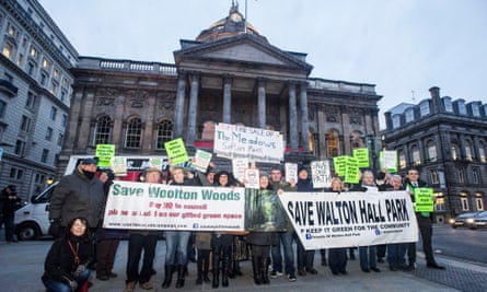 Campaigners protest to save Liverpool’s Sefton Park Meadows and Walton Hall Park outside Liverpool town hall.