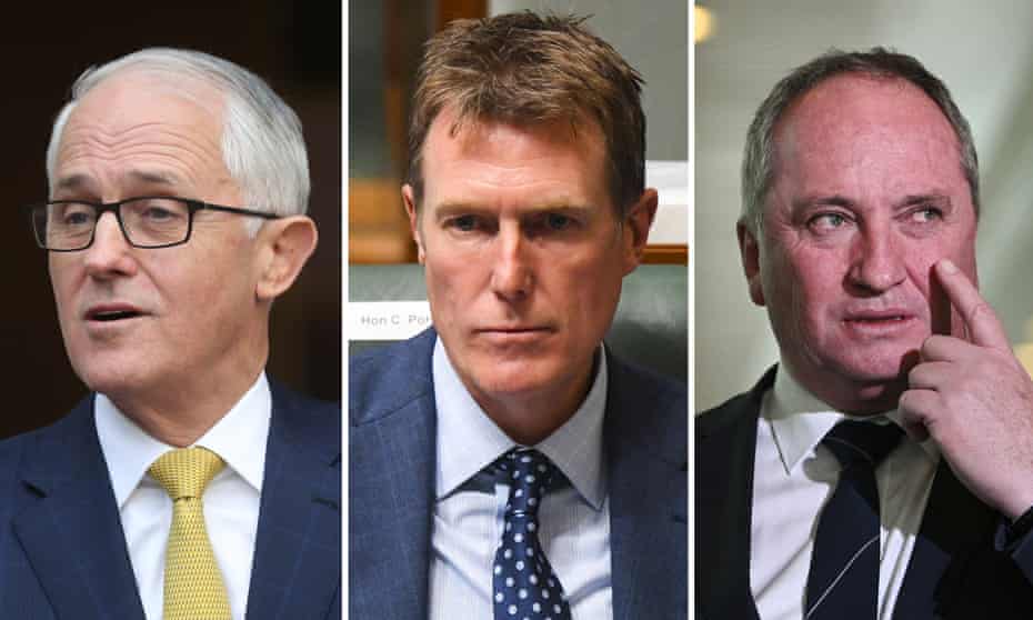 Former prime minister Malcolm Turnbull, Australian attorney general Christian Porter and Nationals MP Barnaby Joyce