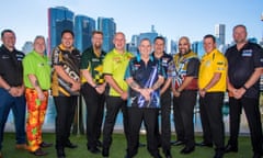 Phil ‘The Power’ Taylor (centre) and his opponents for the Sydney Darts Masters.